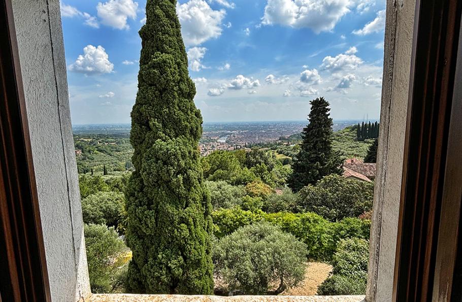 Vista panoramica di un paesaggio verde con cipressi da una finestra.