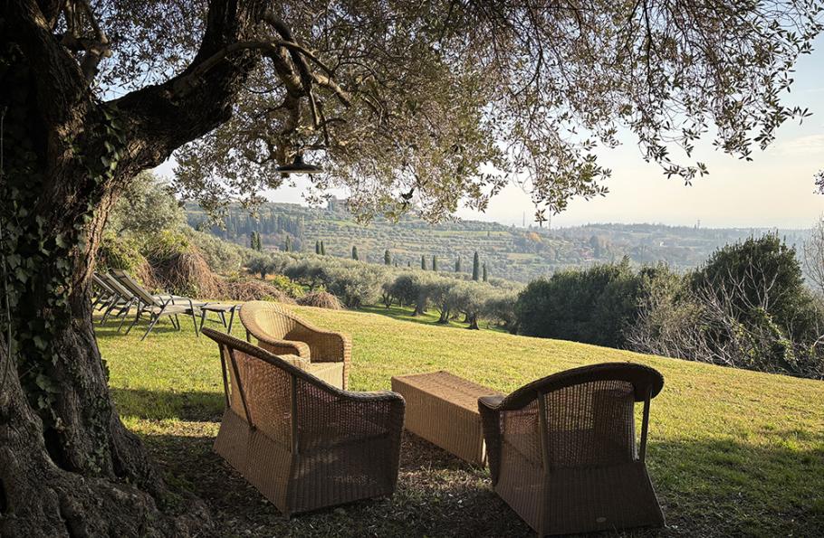 Giardino con vista su colline, sedie in vimini sotto un albero.