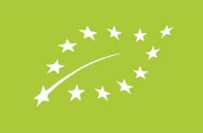 Logo biologico dell'Unione Europea su sfondo verde con stelle bianche.